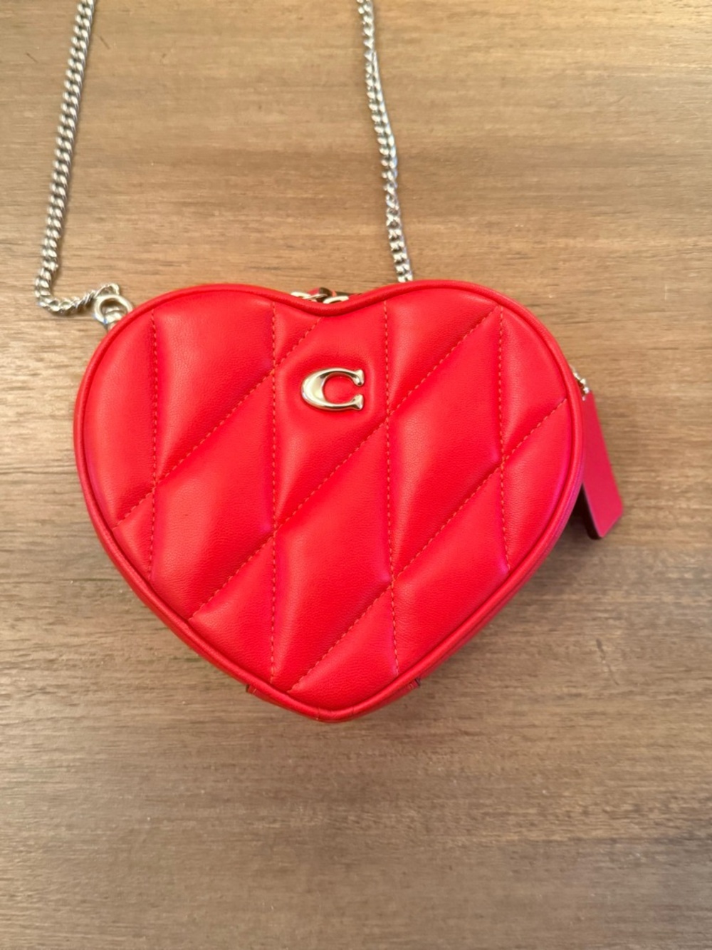 Coach Red Quilted Heart-Shaped Crossbody with Silver Chain - Picture 3 of 11